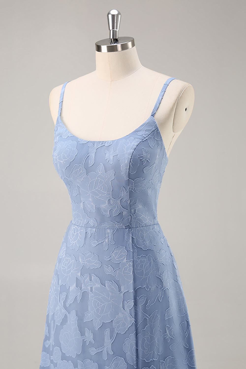 Dusty Blue Lace A Line Spaghetti Straps Long Bridesmaid Dress with Slit