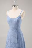 Dusty Blue Lace A Line Spaghetti Straps Long Bridesmaid Dress with Slit