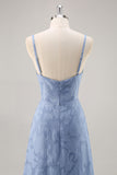 Dusty Blue Lace A Line Spaghetti Straps Long Bridesmaid Dress with Slit