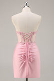Sparkly Pink Strapless Corset Beaded Short Cocktail Dress