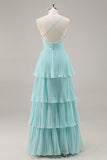 Green Chiffon A Line Pleated V Neck Ruffled Long Formal Dress