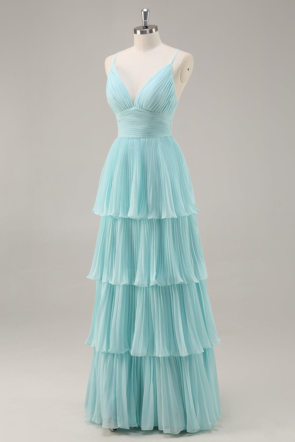 Green Chiffon A Line Pleated V Neck Ruffled Long Formal Dress