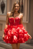 A Line Strapless Corset Tiered Red Homecoming Dress with Bows