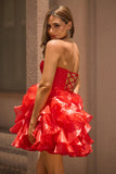 A Line Strapless Corset Tiered Red Homecoming Dress with Bows