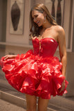 A Line Strapless Corset Tiered Red Homecoming Dress with Bows