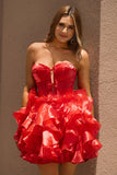 A Line Strapless Corset Tiered Red Homecoming Dress with Bows