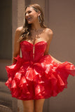 A Line Strapless Corset Tiered Red Homecoming Dress with Bows