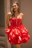 A Line Strapless Corset Tiered Red Homecoming Dress with Bows