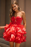 A Line Strapless Corset Tiered Red Homecoming Dress with Bows
