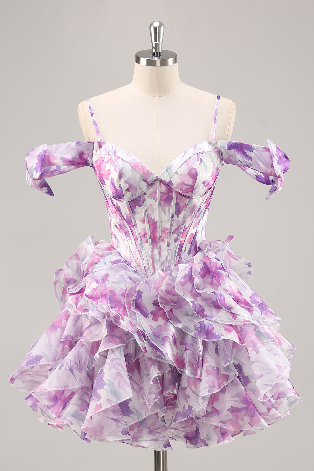 Purple Floral A Line Printed Corset Ruffled Short Cocktail Dress