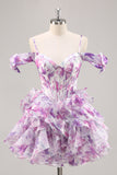 Purple A Line Off The Shoulder Printed Corset Homecoming Dress with Ruffles