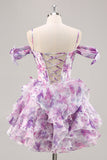 Purple A Line Off The Shoulder Printed Corset Homecoming Dress with Ruffles