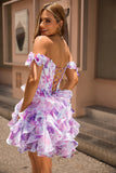 Purple A Line Off The Shoulder Printed Corset Homecoming Dress with Ruffles