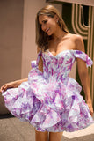 Purple A Line Off The Shoulder Printed Corset Homecoming Dress with Ruffles