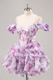 Purple Floral A Line Printed Corset Ruffled Short Cocktail Dress