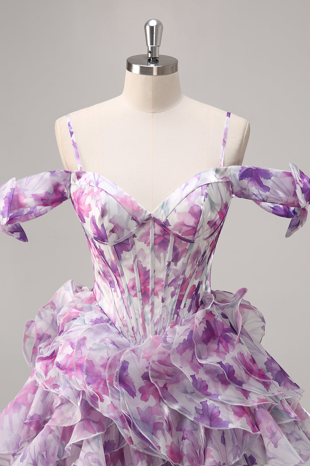 Purple Floral A Line Printed Corset Ruffled Short Cocktail Dress