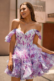 Purple A Line Off The Shoulder Printed Corset Homecoming Dress with Ruffles
