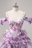 Purple Floral A Line Printed Corset Ruffled Short Cocktail Dress