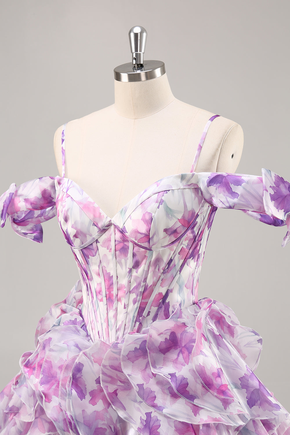 Purple Floral A Line Printed Corset Ruffled Short Cocktail Dress