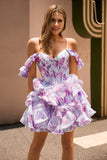 Purple A Line Off The Shoulder Printed Corset Homecoming Dress with Ruffles