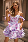 Purple A Line Off The Shoulder Printed Corset Homecoming Dress with Ruffles