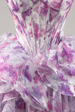 Purple Floral A Line Printed Corset Ruffled Short Cocktail Dress
