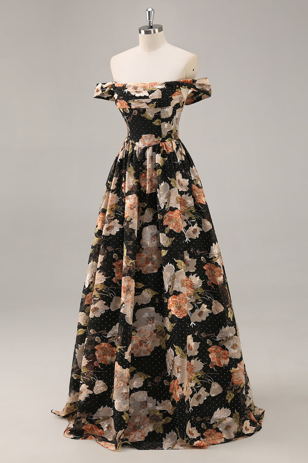 Sparkly Black Floral Ruched Long Bridesmaid Dress with Beading