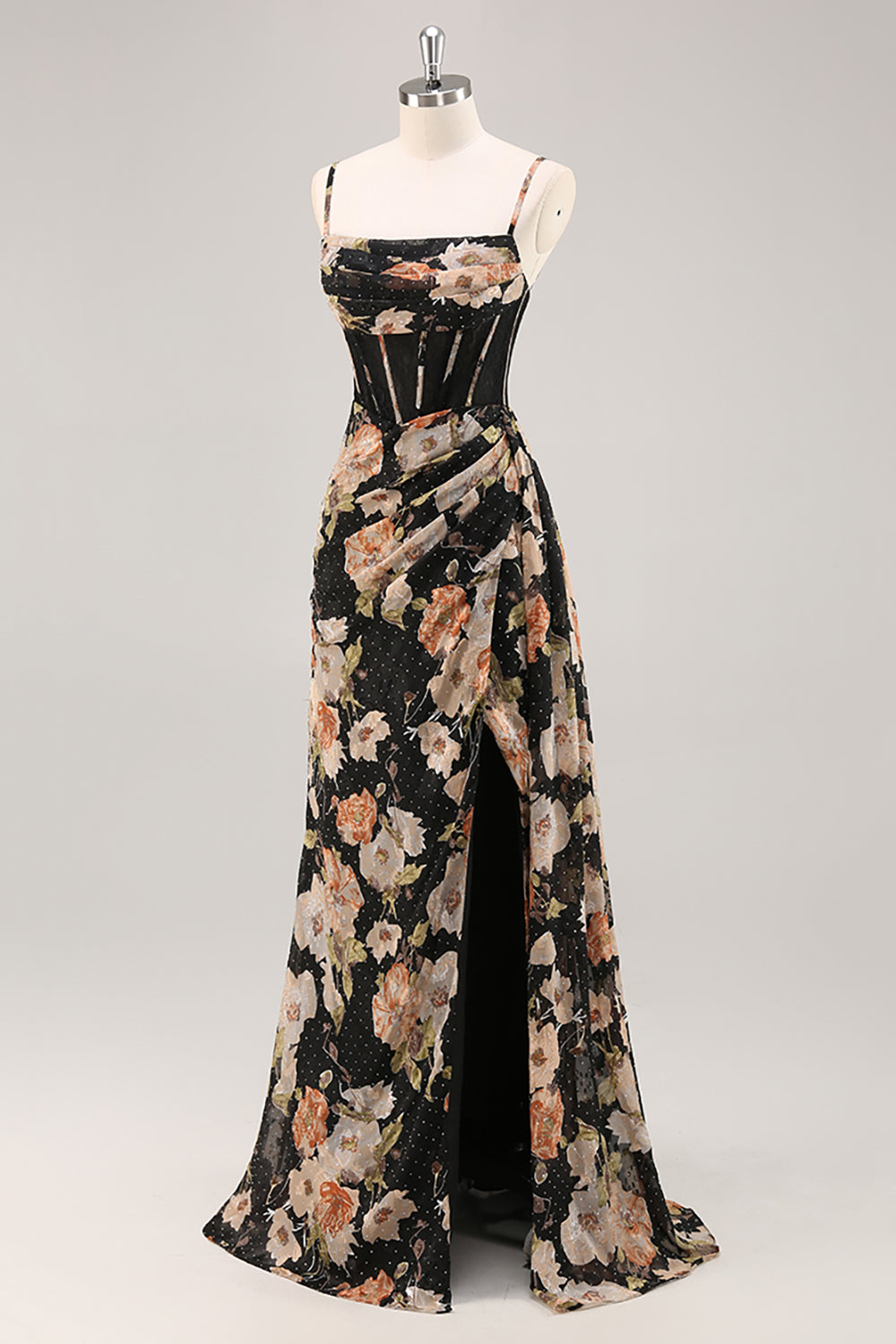 Sparkly Black Floral Corset Long Bridesmaid Dress with Beading