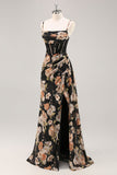 Sparkly Black Floral Corset Long Bridesmaid Dress with Beading