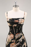 Sparkly Black Floral Corset Long Bridesmaid Dress with Beading