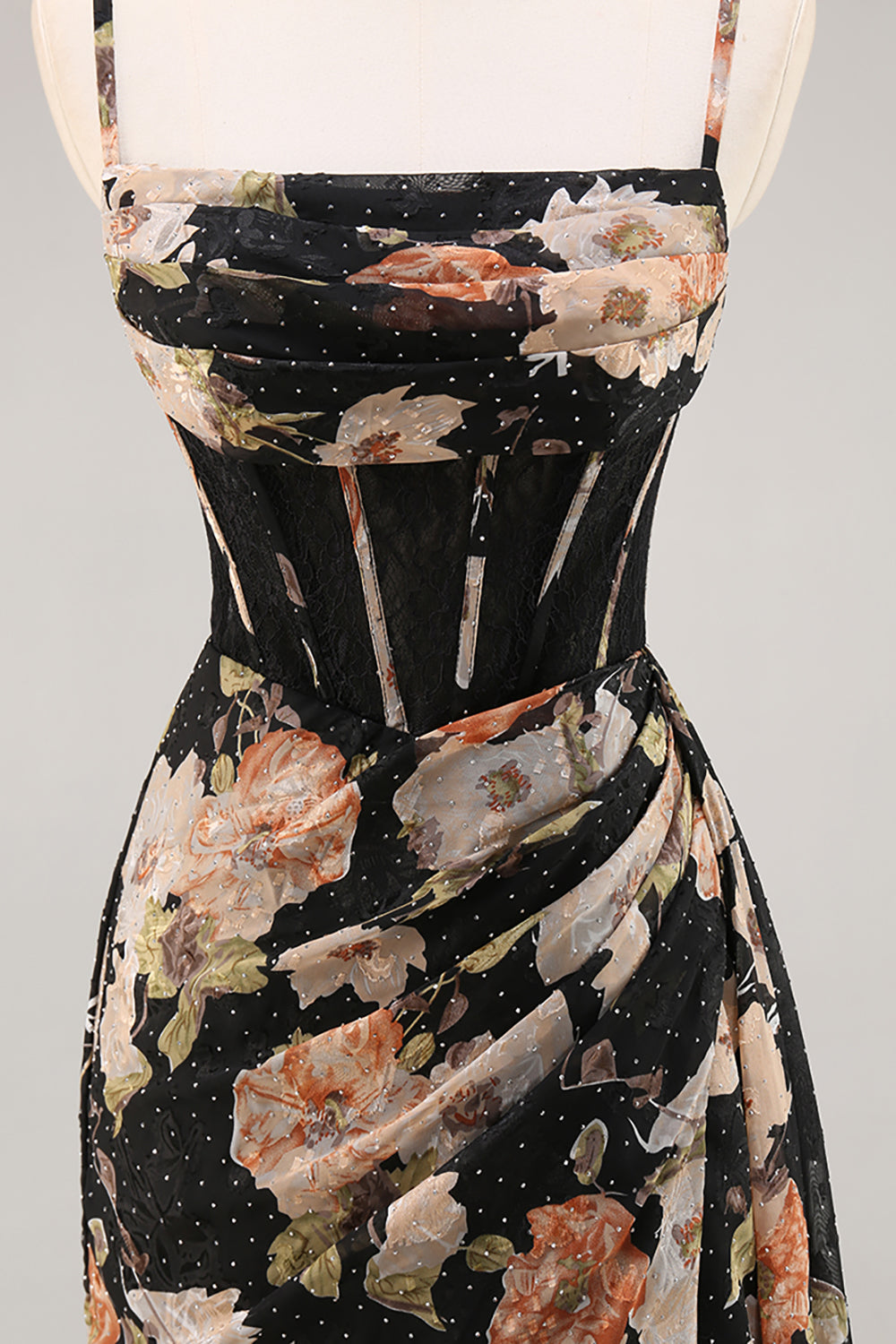 Sparkly Black Floral Corset Long Bridesmaid Dress with Beading