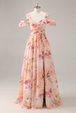Pink Floral Ruched Cold Shoulder Long Bridesmaid Dress with Slit