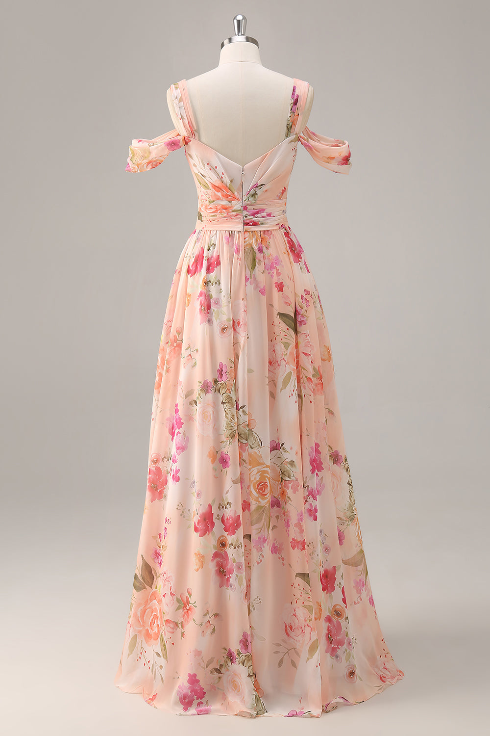 Pink Floral Ruched Cold Shoulder Long Bridesmaid Dress with Slit