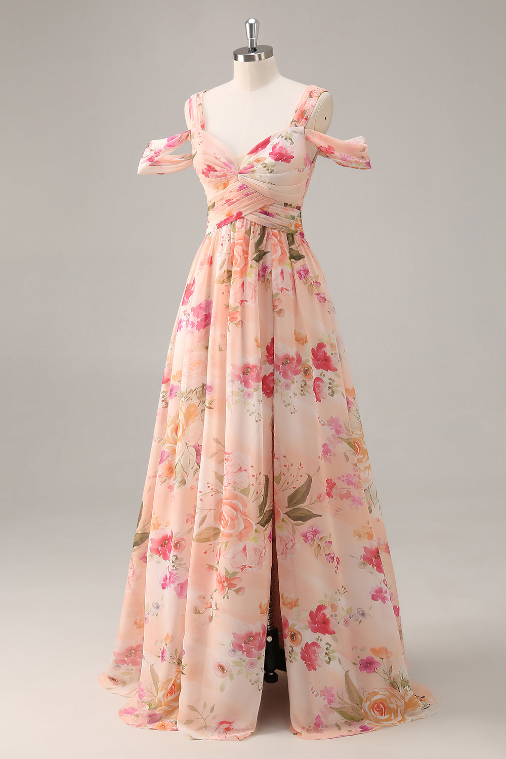 Pink Floral Ruched Cold Shoulder Long Bridesmaid Dress with Slit