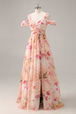 Pink Floral Ruched Cold Shoulder Long Bridesmaid Dress with Slit
