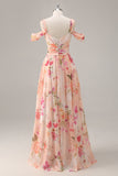 Pink Floral Ruched Cold Shoulder Long Bridesmaid Dress with Slit