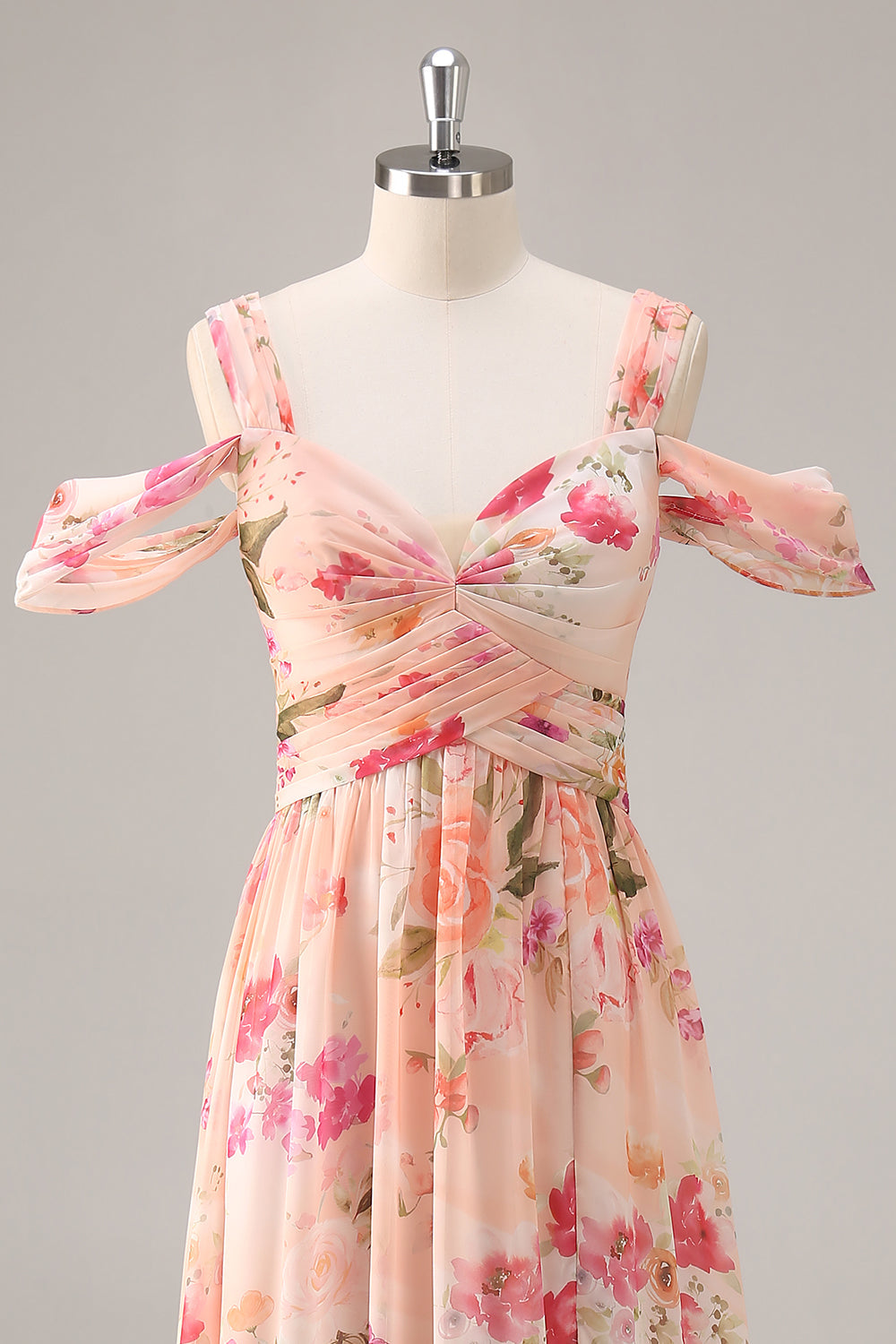 Pink Floral Ruched Cold Shoulder Long Bridesmaid Dress with Slit