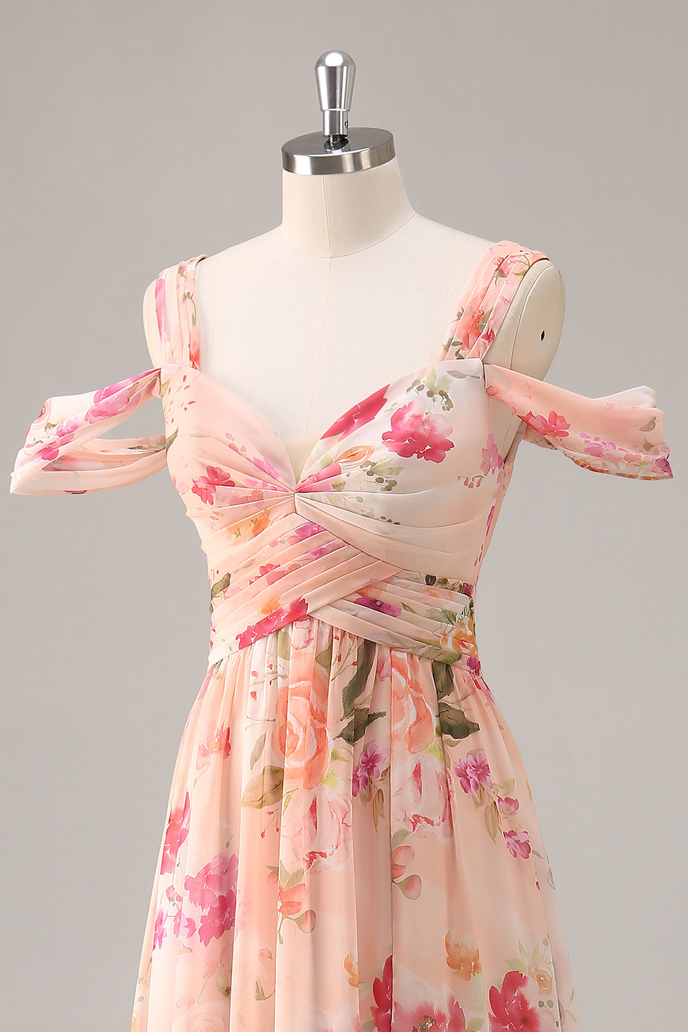 Pink Floral Ruched Cold Shoulder Long Bridesmaid Dress with Slit