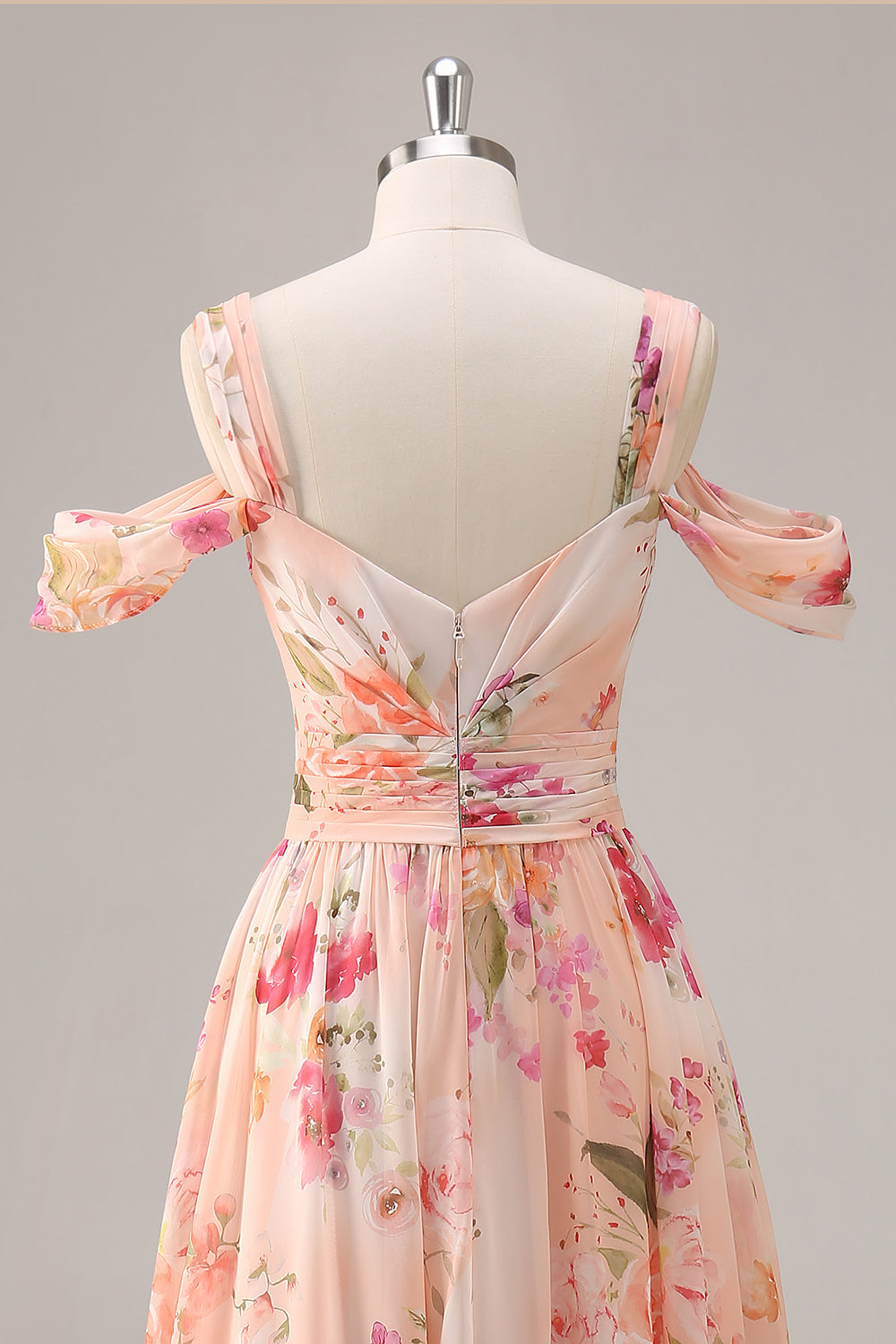 Pink Floral Ruched Cold Shoulder Long Bridesmaid Dress with Slit