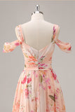 Pink Floral Ruched Cold Shoulder Long Bridesmaid Dress with Slit