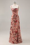 Dusty Rose Floral Corset Ruched Long Bridesmaid Dress with Slit