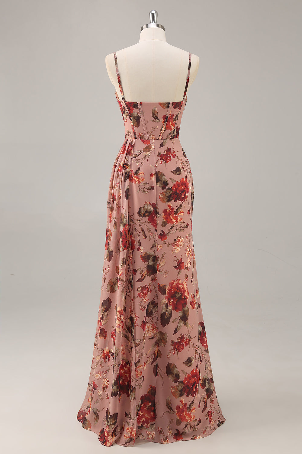 Dusty Rose Floral Corset Ruched Long Bridesmaid Dress with Slit
