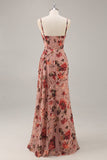 Dusty Rose Floral Corset Ruched Long Bridesmaid Dress with Slit