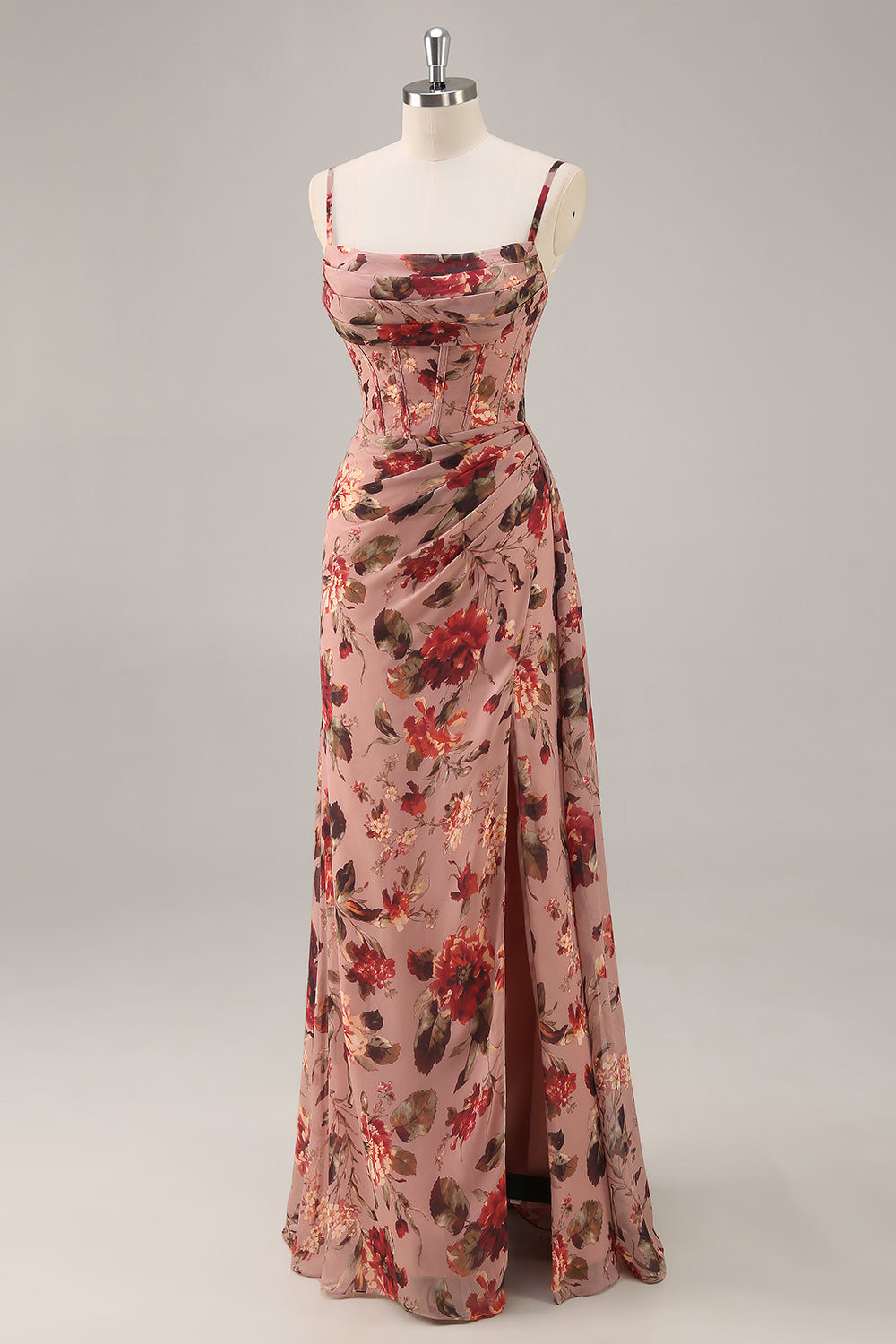 Dusty Rose Floral Corset Ruched Long Bridesmaid Dress with Slit