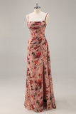 Dusty Rose Floral Corset Ruched Long Bridesmaid Dress with Slit
