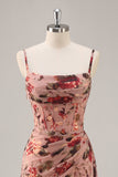 Dusty Rose Floral Corset Ruched Long Bridesmaid Dress with Slit