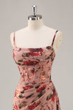Dusty Rose Floral Corset Ruched Long Bridesmaid Dress with Slit