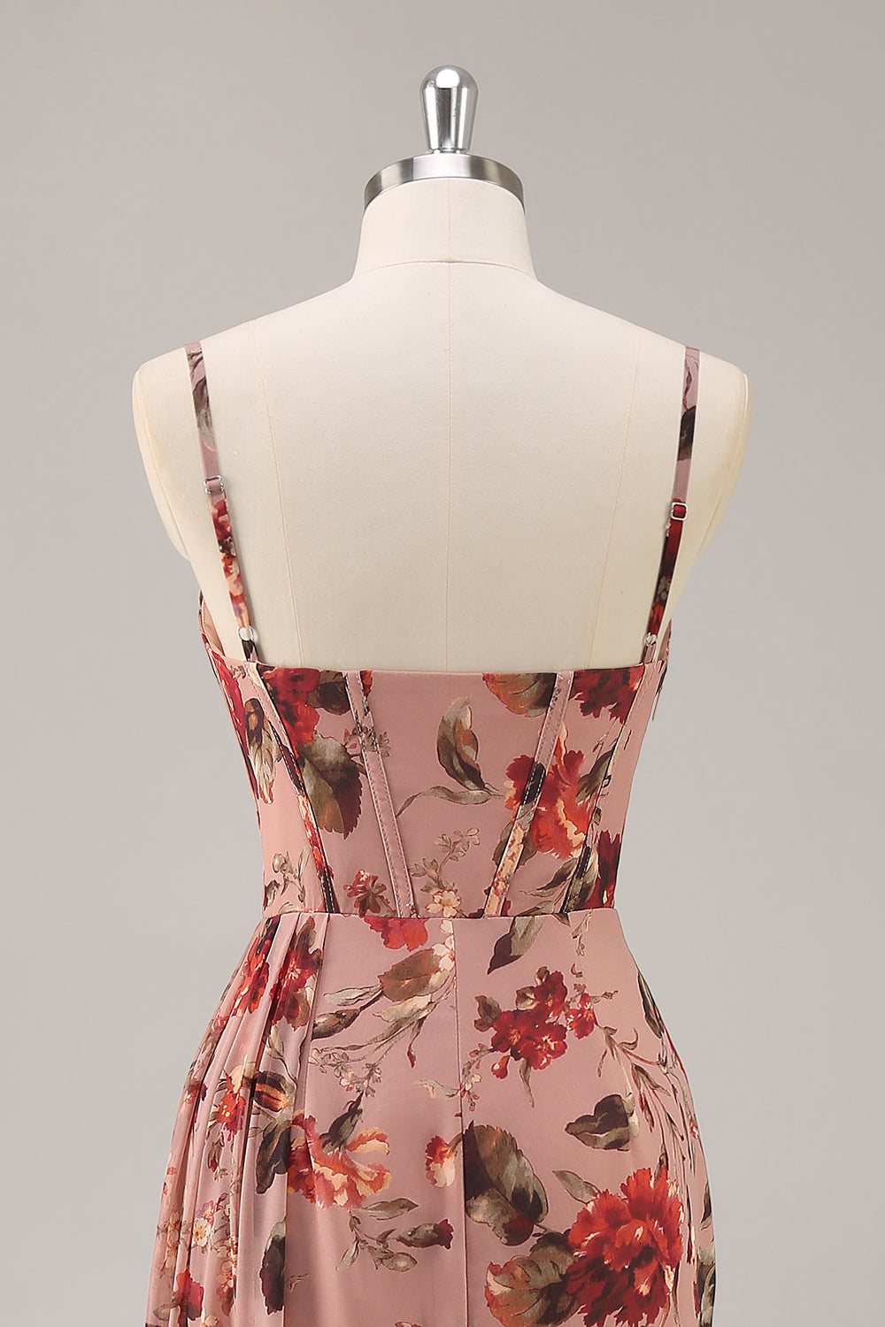 Dusty Rose Floral Corset Ruched Long Bridesmaid Dress with Slit