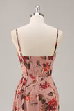 Dusty Rose Floral Corset Ruched Long Bridesmaid Dress with Slit