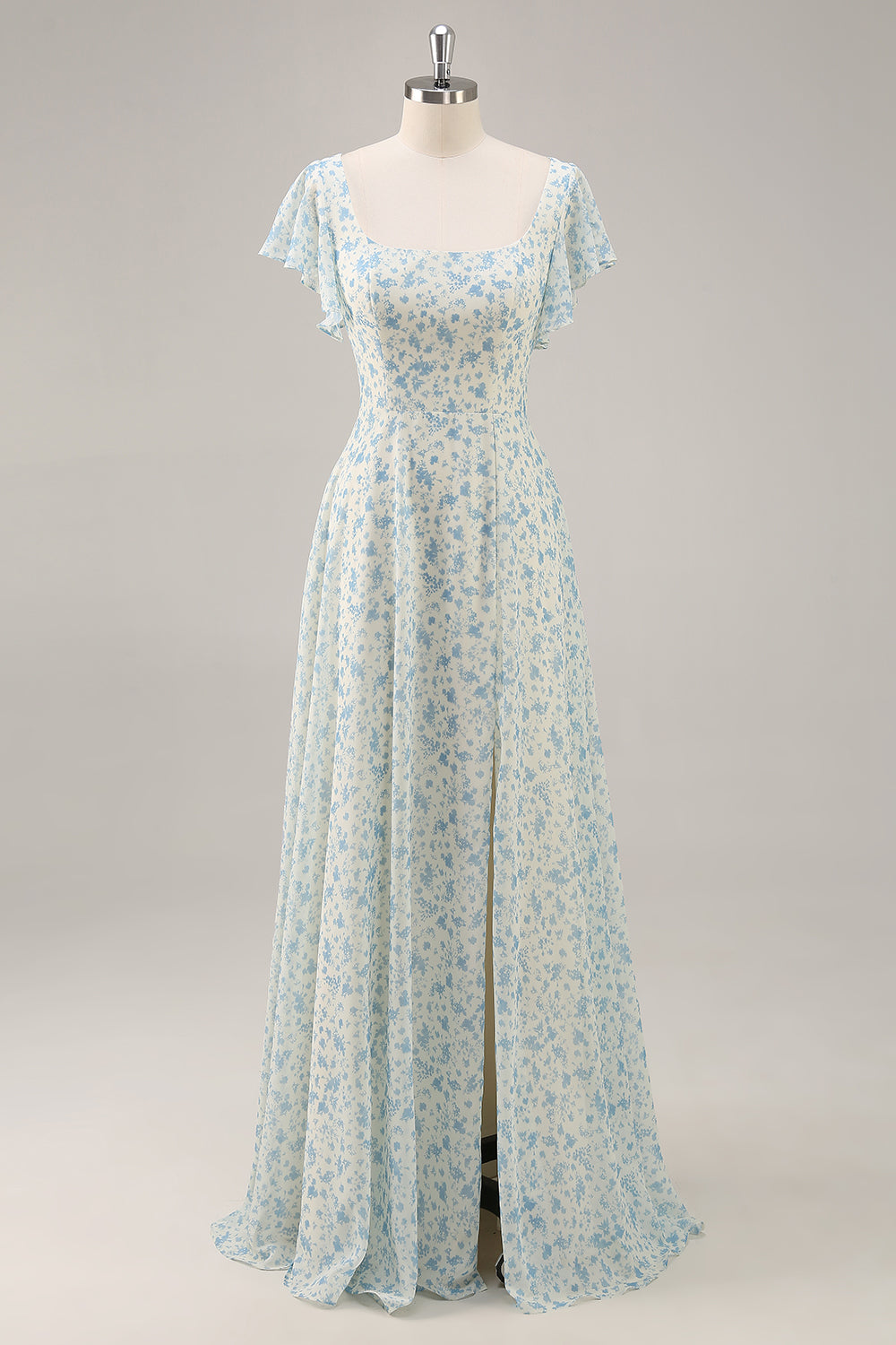 Blue Floral Chiffon Ruffled Long Bridesmaid Dress with Slit